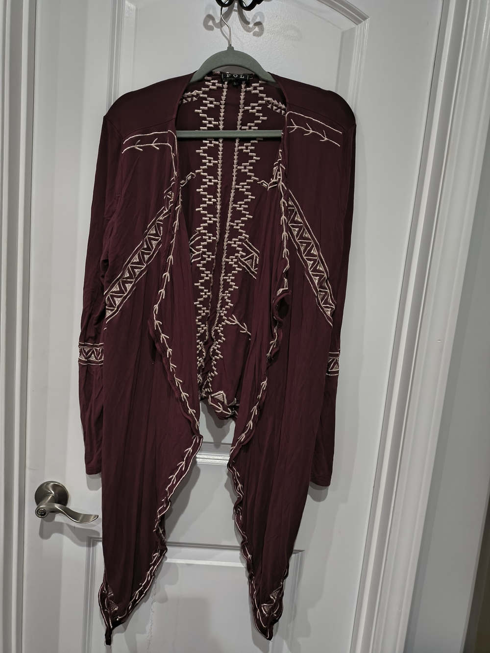 POL Embroidered Draped Cardigan Sweater - Wine